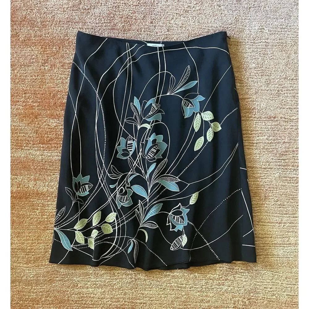 Loft Women's Black Silk Skirt Size 6 Blue & Yellow Floral Print Lined Size 10